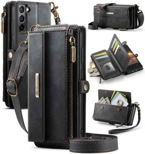 For Samsung Galaxy S21 5G CaseMe C39 RFID Blocking Zipper Wallet Leather Phone Case with Crossbody Strap(Black)