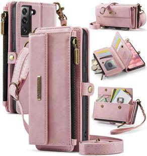 For Samsung Galaxy S21 FE 5G CaseMe C39 RFID Blocking Zipper Wallet Leather Phone Case with Crossbody Strap(Pink)