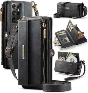 For Samsung Galaxy S21 Ultra 5G CaseMe C39 RFID Blocking Zipper Wallet Leather Phone Case with Crossbody Strap(Black)