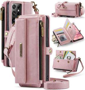 For Samsung Galaxy S21 Ultra 5G CaseMe C39 RFID Blocking Zipper Wallet Leather Phone Case with Crossbody Strap(Pink)