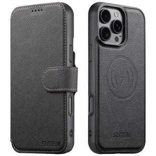 For iPhone 16 Pro Max Suteni Q05 2-in-1 Multi-function MagSafe Wallet Litchi Leather Phone Case(Black)