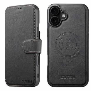 For iPhone 16 Plus Suteni Q05 2-in-1 Multi-function MagSafe Wallet Litchi Leather Phone Case(Black)