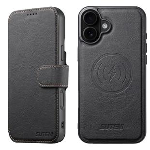 For iPhone 16 Suteni Q05 2-in-1 Multi-function MagSafe Wallet Litchi Leather Phone Case(Black)