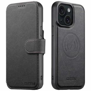 For iPhone 14 Suteni Q05 2-in-1 Multi-function MagSafe Wallet Litchi Leather Phone Case(Black)