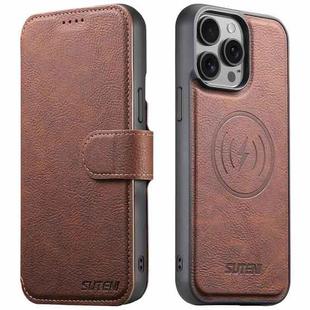 For iPhone 13 Pro Suteni Q05 2-in-1 Multi-function MagSafe Wallet Litchi Leather Phone Case(Brown)
