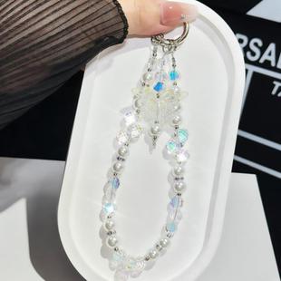 Three-Color Crystal Butterfly Pearl Mobile Phone Chain(White)