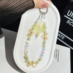 Three-Color Crystal Butterfly Pearl Mobile Phone Chain(Yellow)