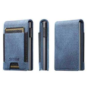The Suteni denim pattern button automatically pops out the elastic band card box(Blue)