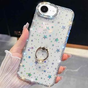 For iPhone 16e Rhinestone Glitter TPU Ring Holder Anti-fall Phone Case(Transparent Stars)