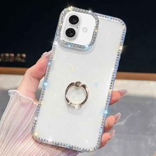 For iPhone 16 Plus Rhinestone Glitter TPU Ring Holder Anti-fall Phone Case(White)