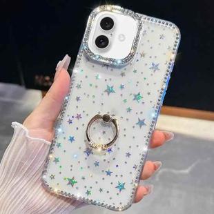 For iPhone 16 Rhinestone Glitter TPU Ring Holder Anti-fall Phone Case(Transparent Stars)
