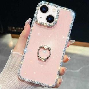 For iPhone 14 Rhinestone Glitter TPU Ring Holder Anti-fall Phone Case(Light Pink)