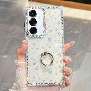 For Samsung Galaxy S25 5G Rhinestone Glitter TPU Ring Holder Anti-fall Phone Case(Transparent Stars)