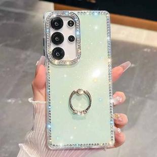 For Samsung Galaxy S25 Ultra 5G Rhinestone Glitter TPU Ring Holder Anti-fall Phone Case(Light Green)