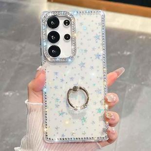 For Samsung Galaxy S25 Ultra 5G Rhinestone Glitter TPU Ring Holder Anti-fall Phone Case(Transparent Stars)