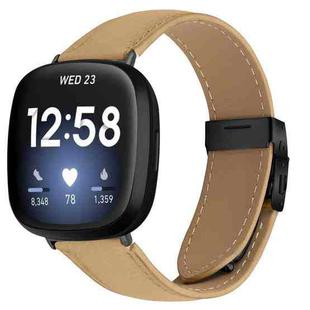 For Fitbit Versa 3 / 4 Lychee Texture Black Turtle Back Buckle Leather Watch Band(Camel)