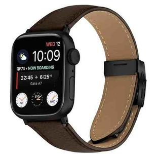 For Apple Watch 42mm / 41mm / 40mm / 38mm Lychee Texture Black Turtle Back Buckle Leather Watch Band(Coffee Color)