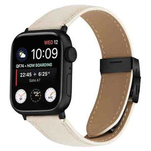For Apple Watch 46mm / 49mm / 45mm / 44mm Lychee Texture Black Turtle Back Buckle Leather Watch Band(Creamy White)