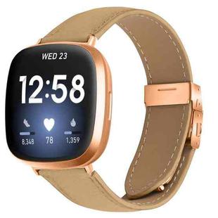 For Fitbit Versa 3 / 4 Lychee Texture Rose Gold Turtle Back Buckle Leather Watch Band(Camel)