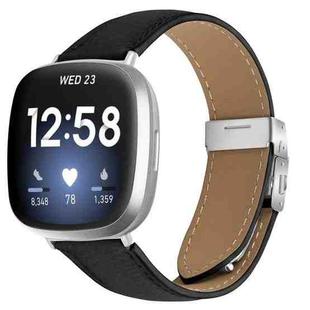 For Fitbit Versa 3 / 4 Lychee Texture Silver Turtle Back Buckle Leather Watch Band(Black)