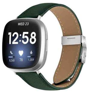 For Fitbit Versa 3 / 4 Lychee Texture Silver Turtle Back Buckle Leather Watch Band(Green)