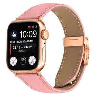 For Apple Watch 46mm / 49mm / 45mm / 44mm Lychee Texture Rose Gold Turtle Back Buckle Leather Watch Band(Pink)