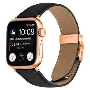 For Apple Watch 46mm / 49mm / 45mm / 44mm Lychee Texture Rose Gold Turtle Back Buckle Leather Watch Band(Black)