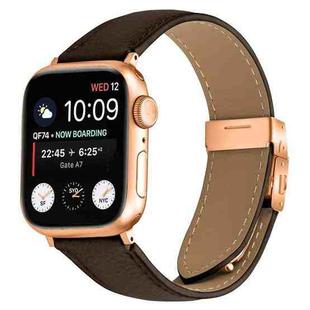 For Apple Watch 46mm / 49mm / 45mm / 44mm Lychee Texture Rose Gold Turtle Back Buckle Leather Watch Band(Coffee Color)