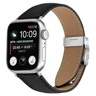 For Apple Watch 46mm / 49mm / 45mm / 44mm Lychee Texture Silver Turtle Back Buckle Leather Watch Band(Black)