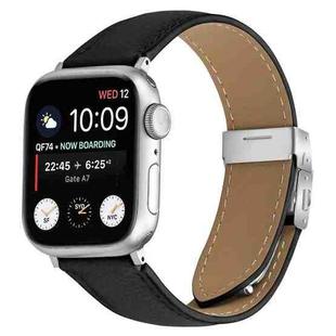 For Apple Watch 42mm / 41mm / 40mm / 38mm Lychee Texture Silver Turtle Back Buckle Leather Watch Band(Black)