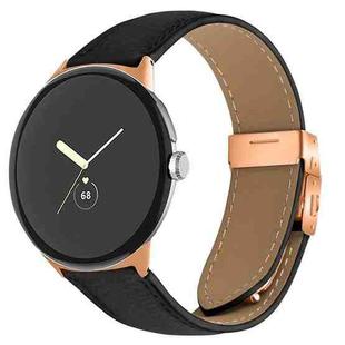 For Google Pixel Watch / Watch 2 / 3 41mm Lychee Texture Rose Gold Turtle Back Buckle Leather Watch Band(Black)