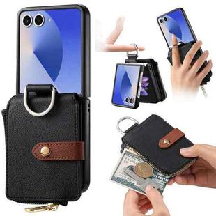 For Samsung Galaxy Z Flip7 5G Litchi Texture Ring Vertical Zipper Wallet Phone Case(Black)