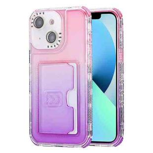 For iPhone 13 Gradient 3-in-1 Card Bag TPU Shockproof Phone Case(Pink Purple)