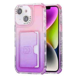 For iPhone 14 Gradient 3-in-1 Card Bag TPU Shockproof Phone Case(Pink Purple)