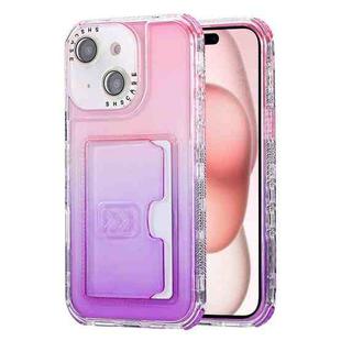 For iPhone 15 Plus Gradient 3-in-1 Card Bag TPU Shockproof Phone Case(Pink Purple)