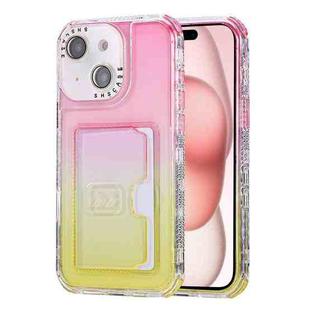 For iPhone 15 Plus Gradient 3-in-1 Card Bag TPU Shockproof Phone Case(Pink Yellow)