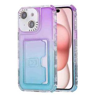 For iPhone 15 Plus Gradient 3-in-1 Card Bag TPU Shockproof Phone Case(Purple Sky Blue)