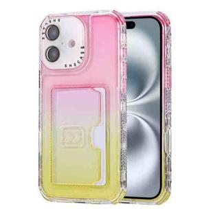 For iPhone 16 Plus Gradient 3-in-1 Card Bag TPU Shockproof Phone Case(Pink Yellow)