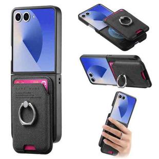 For Samsung Galaxy Z Flip7 5G Twill Fabric Card Bag Ring Magnetic Back Phone Case(Black)