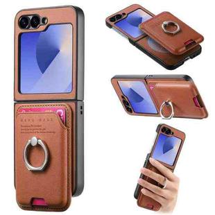 For Samsung Galaxy Z Flip5 5G Twill Fabric Card Bag Ring Magnetic Back Phone Case(Brown)