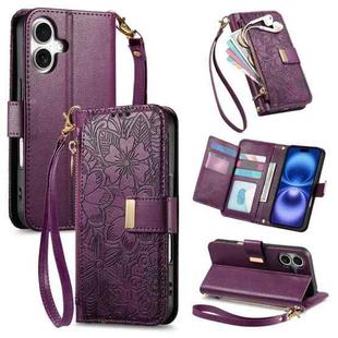 For iPhone 16 Flowers Leaves Zipper Wallet Leather Phone Case with Strap(Purple)