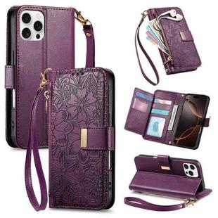 For iPhone 16 Pro Flowers Leaves Zipper Wallet Leather Phone Case with Strap(Purple)