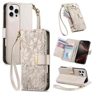 For iPhone 16 Pro Max Flowers Leaves Zipper Wallet Leather Phone Case with Strap(Khaki)