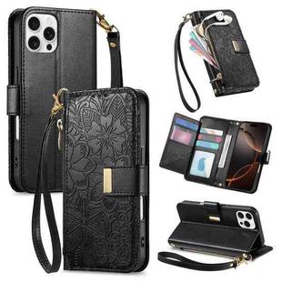 For iPhone 16 Pro Max Flowers Leaves Zipper Wallet Leather Phone Case with Strap(Black)