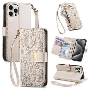 For iPhone 15 Pro Flowers Leaves Zipper Wallet Leather Phone Case with Strap(Khaki)