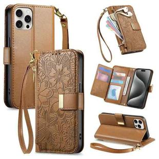 For iPhone 15 Pro Flowers Leaves Zipper Wallet Leather Phone Case with Strap(Brown)
