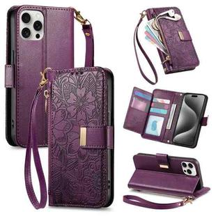 For iPhone 15 Pro Flowers Leaves Zipper Wallet Leather Phone Case with Strap(Purple)