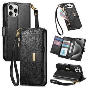 For iPhone 15 Pro Flowers Leaves Zipper Wallet Leather Phone Case with Strap(Black)