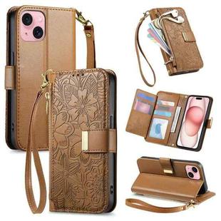 For iPhone 15 Plus Flowers Leaves Zipper Wallet Leather Phone Case with Strap(Brown)