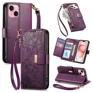 For iPhone 15 Plus Flowers Leaves Zipper Wallet Leather Phone Case with Strap(Purple)